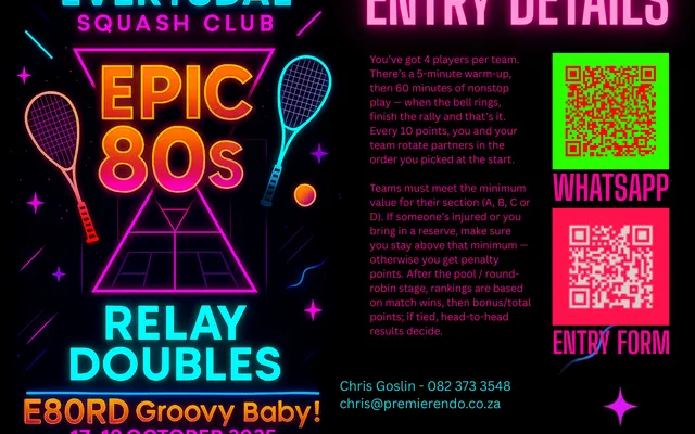 Epic 80s Relay Doubles poster, 17 to 19 October 2025, teams of 4 rotating every 10 points