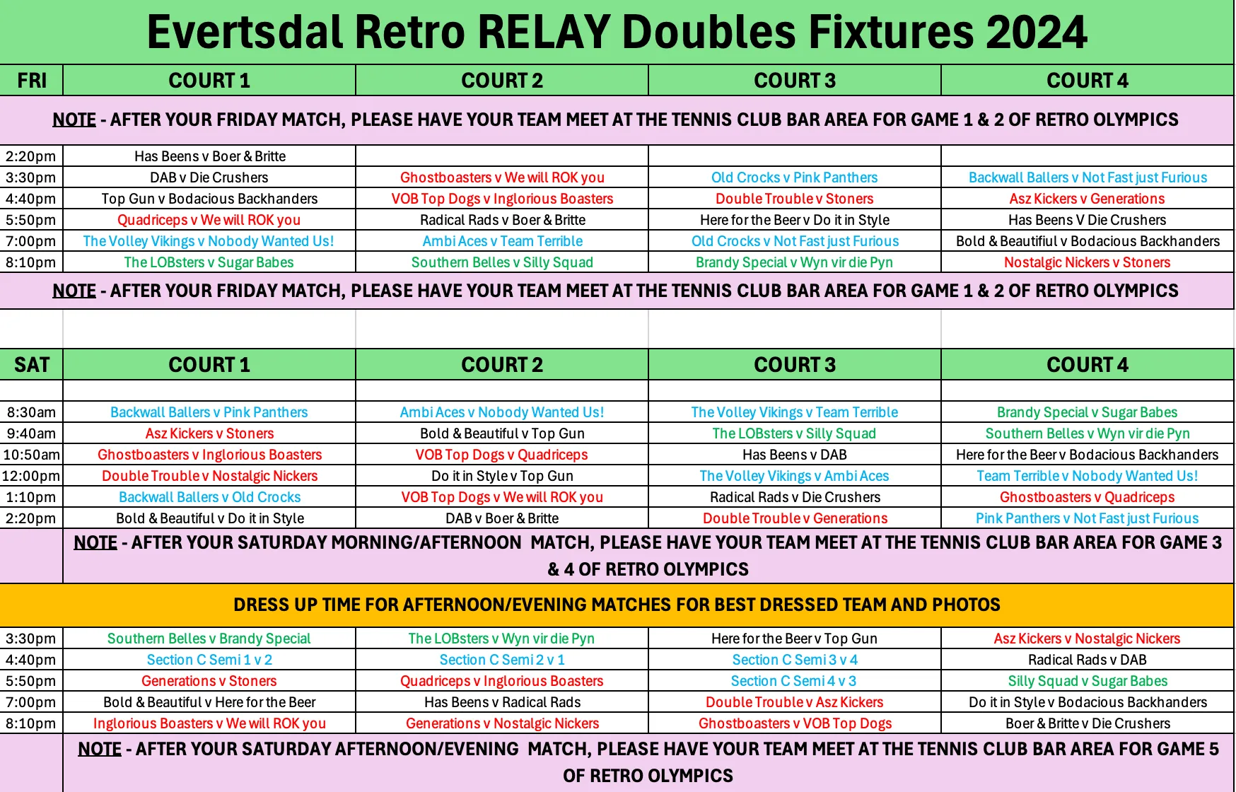 Retro Relay Doubles 2024 fixtures, page 1