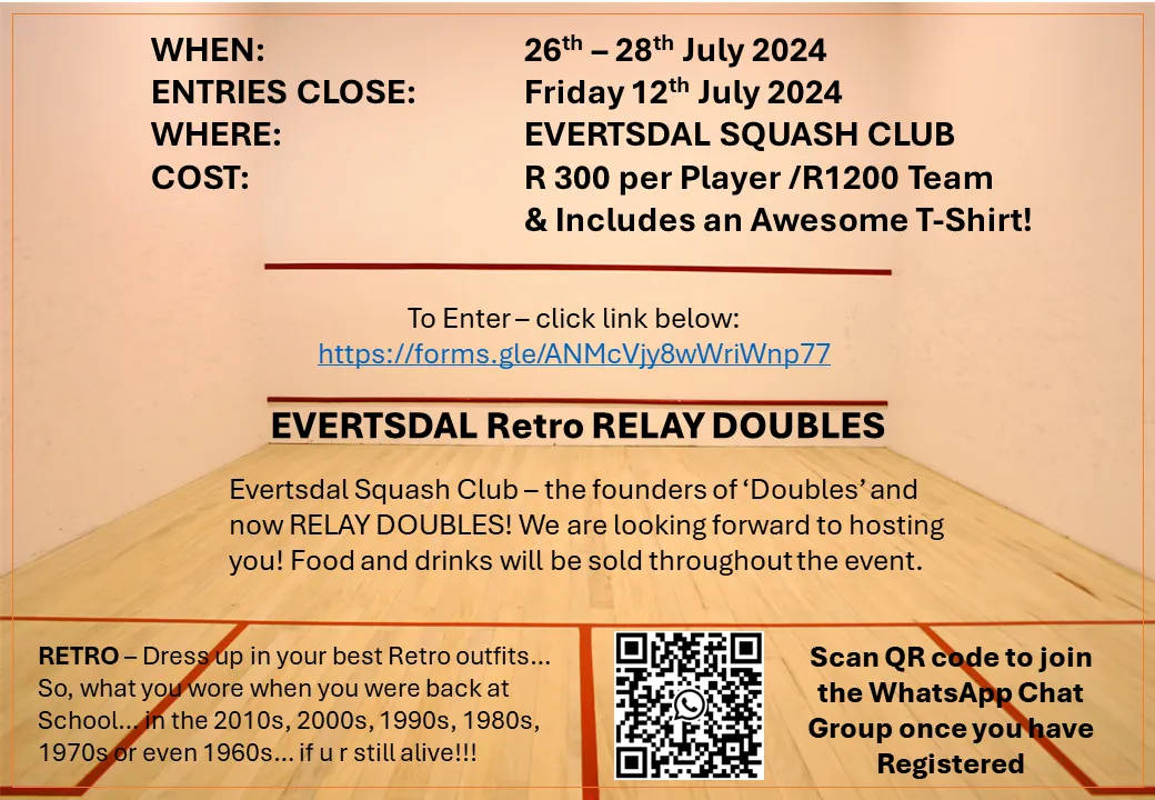 Retro Relay Doubles 2024 poster: 26 to 28 July, entries close 12 July, R300 per player or R1200 per team